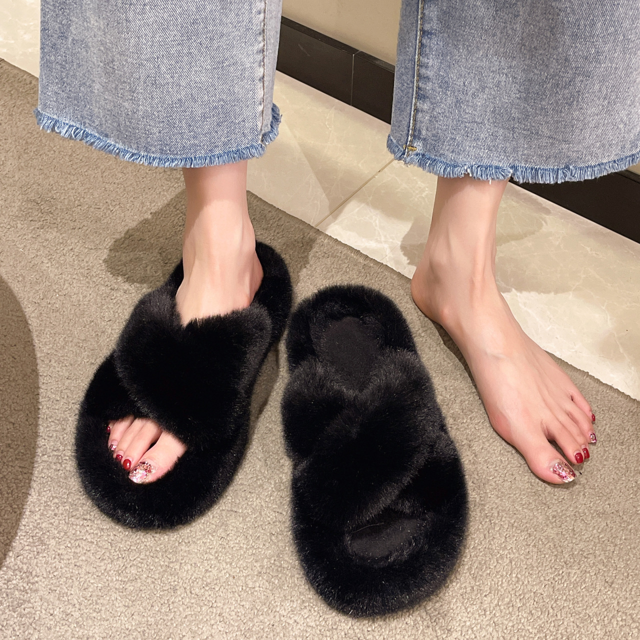 Furry Slippers for Women's Outer Wear 2022 New Korean Style Ins Trendy Thick-Soled Autumn and Winter Fashion Casual Home Cross Cotton Slippers