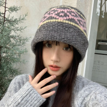 费尔岛风提花针织毛线帽女秋冬复古显脸小保暖渔夫帽子大头围盆帽