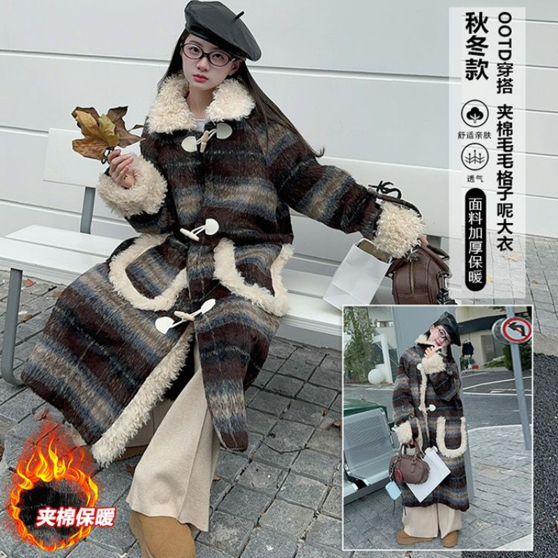 Zhili children's clothing girls' plaid woolen coat autumn and winter 2025 new Korean style outfit with quilted and thickened patchwork lamb trim