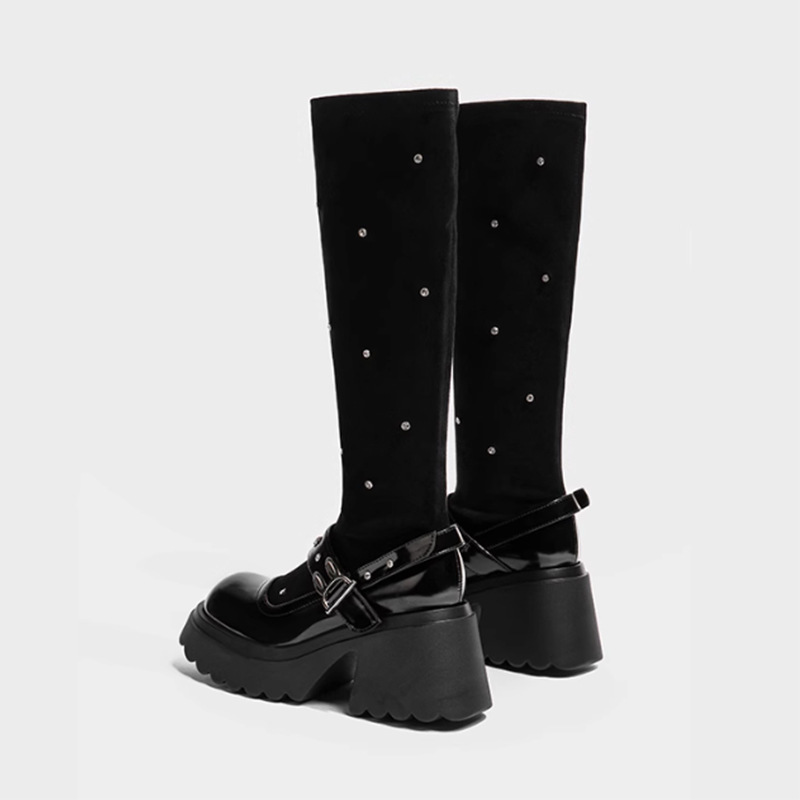 Plateau-Martin-Damenstiefel im britischen Stil, mit Strass gestrickte Knöchelstiefel mit elastischem Schaft, klobiges Absatzdesign, höhenverstärkender Effekt, schmale Passform_voghion.com