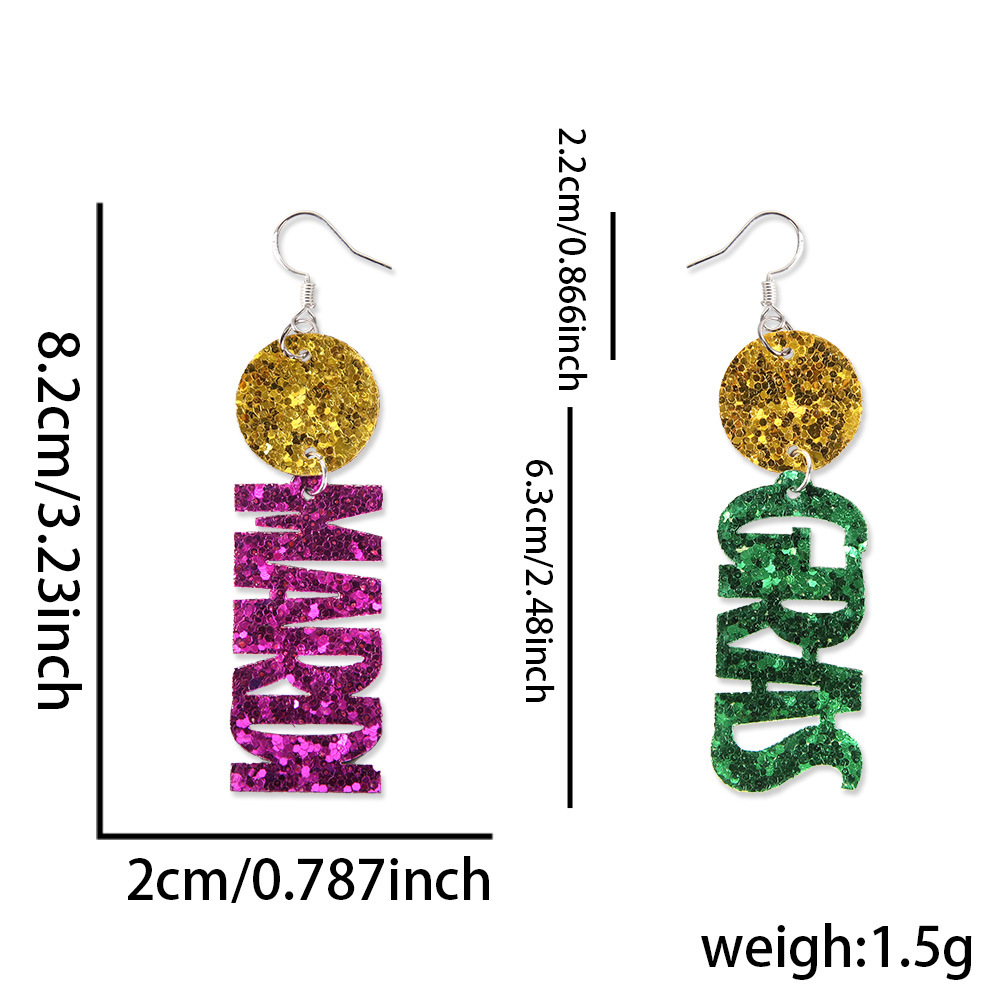 Carnaval de doble cara pendientes de sequillas máscara de oro roxo verde iris adornos de orejas pendientes de letras de Mardi Gras joyas