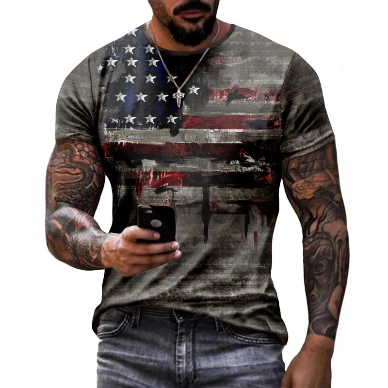 2025 Cross-border European and American Men's Wear Amazon AliExpress New American Flag Independence Day Printed Short-sleeved T-shirt
