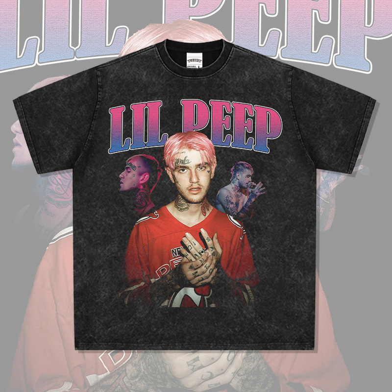 Hip-hop lil peep printed high street short sleeve T-shirt vintage washed heavy cotton round neck hooded sweater