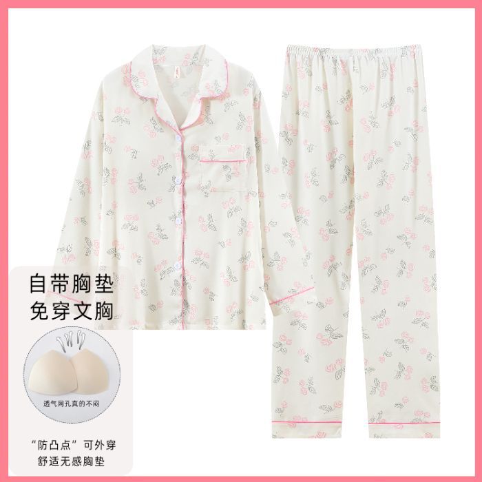 Nube de algodón pijama de primavera y otoño dulce dibujos animados con cojín de pecho cardigan de manga larga pantalones largos dos piezas de ropa de hogar