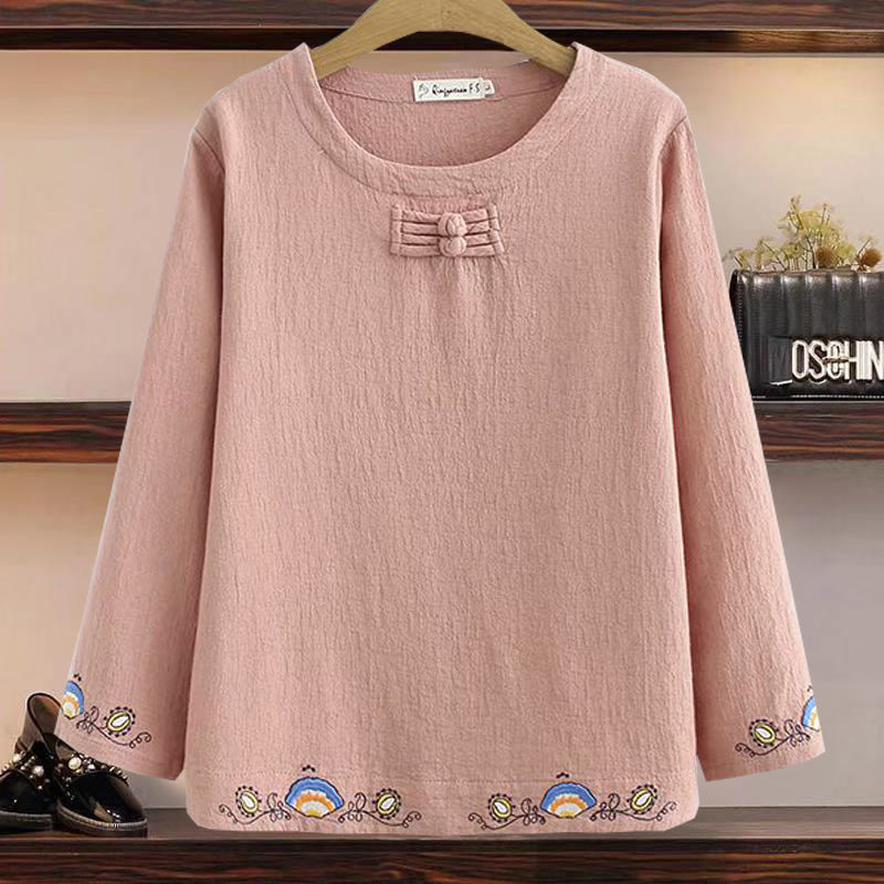 中老年人秋装长袖刺绣打底衫秋季套头小衫民族风妈妈大码棉麻T恤
