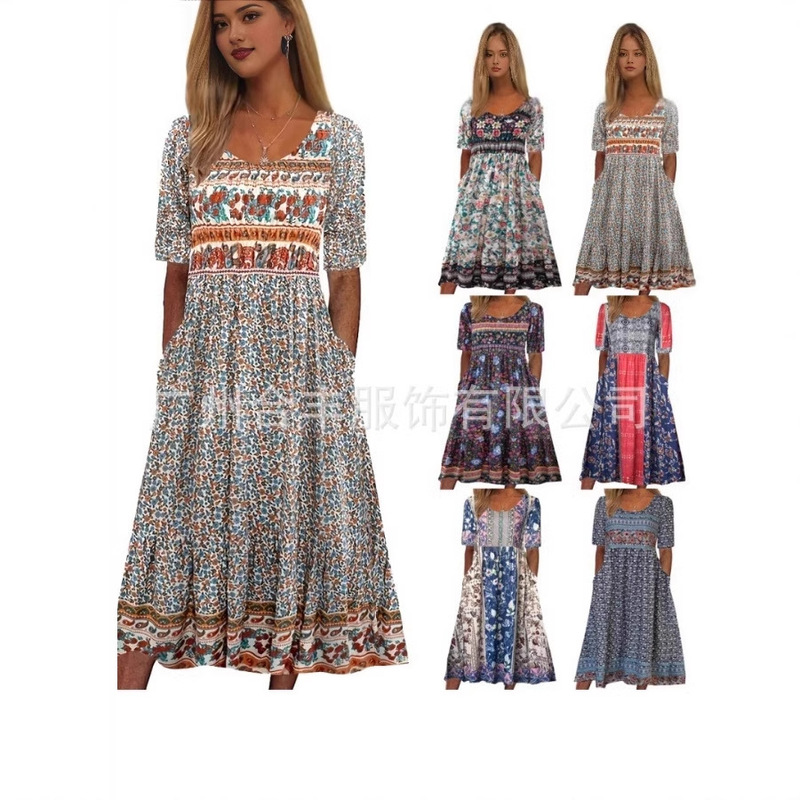2025 European and American Amazon Spring and Summer New Women's Round Neck Short-Sleeved Long Dress Bohemian Printed Dress for Women 2025 European and American Amazon Spring and Summer New Women's Round Neck Short-Sleeved Long Dress Bohemian Printed Dress for Women