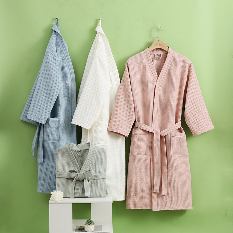Bathrobe women's pure cotton waffle adult couple women's absorbent quick-drying four seasons spring and summer thin hotel hot spring beauty salon Bathrobe women's pure cotton waffle adult couple women's absorbent quick-drying four seasons spring and summer thin hotel hot spring beauty salon
