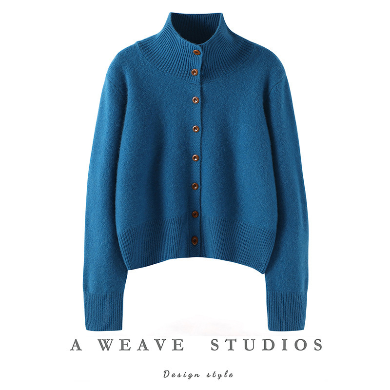 Autumn and Winter New Three-Strand Thickeneded Cashmere Knitted Cardigan Women's Loose Slimming Look Half Turtleneck Jacket Single-Breasted Top