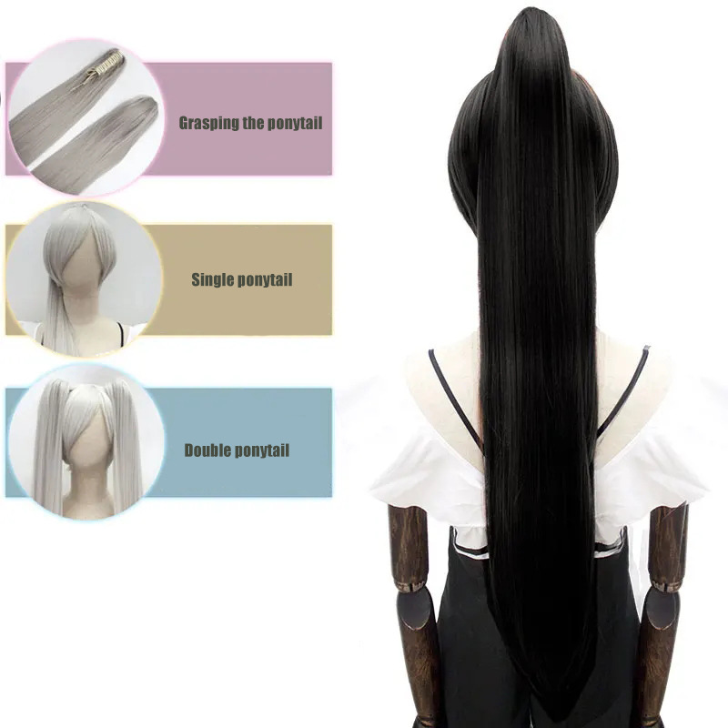 Perruque queue de cheval en fibre chimique 80 cm grande pince à cheveux longs et raides queue de cheval en fibre chimique cos extensions de cheveux maquillage naturel_voghion.com