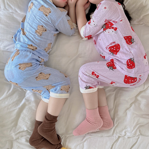 儿童睡衣套装 夏季薄款男童棉质七分袖韩系家居服 女童卡通空调服