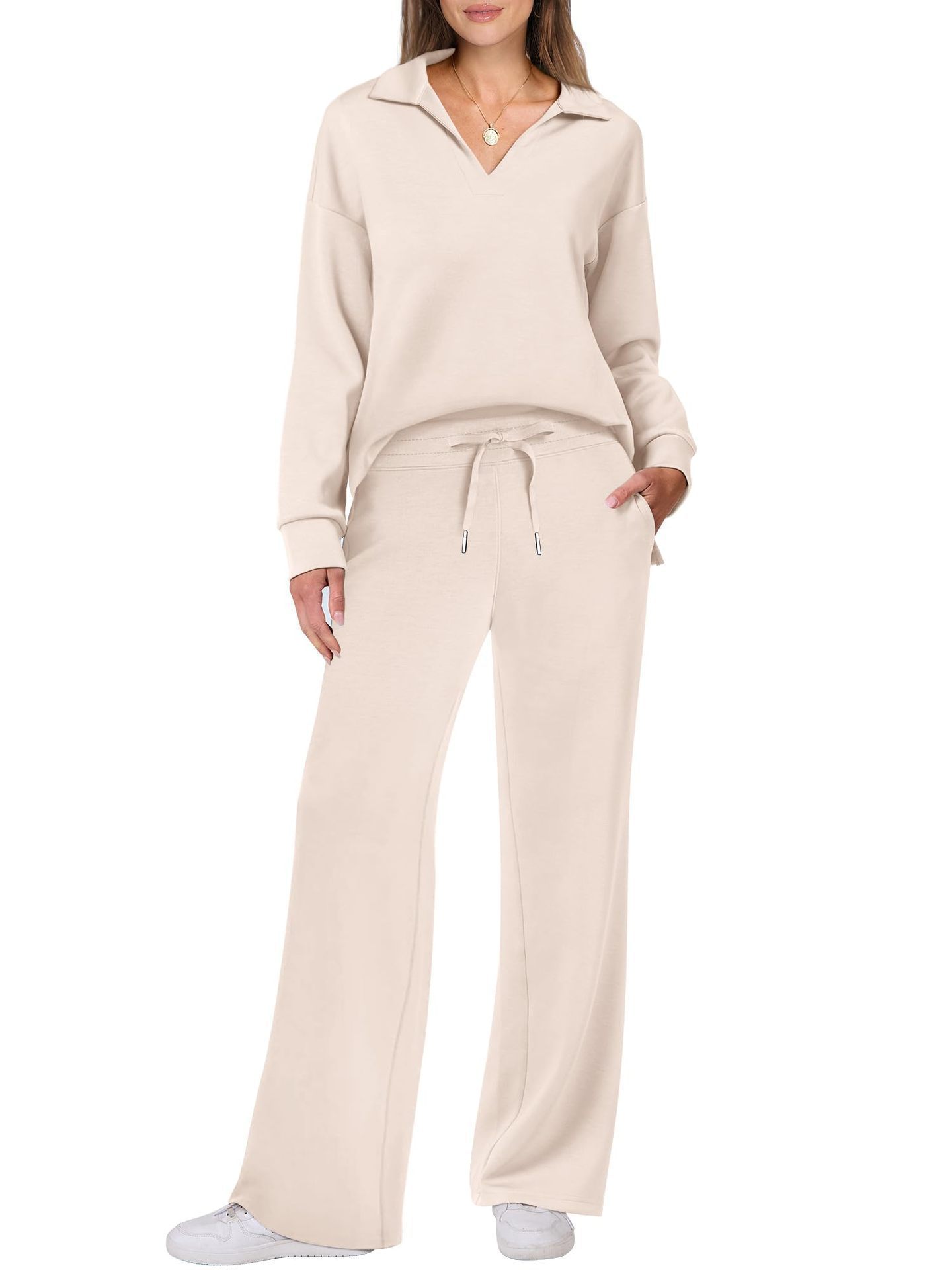 Women's Tracksuit Sports Suit V-neck Long-sleeved Pullover Top And Drawstring Straight-leg Trousers Casual Solid Trousers Set