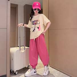 女童套装夏装2025新款洋气时髦半网红短袖T恤女休闲束脚裤两件套