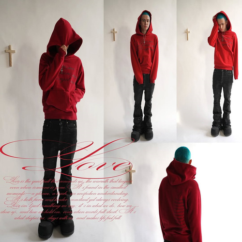 European and American long-sleeved hooded sweatshirt with dark retro punk print, Y2K street fashion, Instagram style.