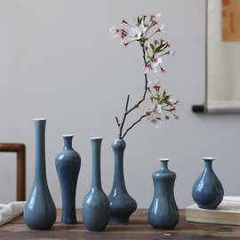 厂家批发景德镇陶瓷小花瓶复古新中式禅意摆件霁青家居桌面插花器