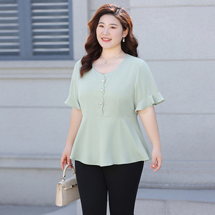Plus Size Women's Chiffon Shirt 2025 Summer Thin Style Age-Reducing Fat mm Round Neck Short-Sleeved Top for Women to Look Slim and Cover Belly