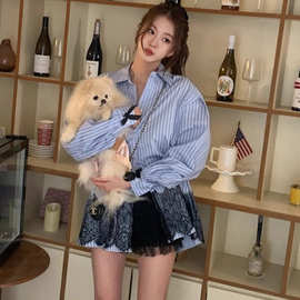 韩国ins 26早秋新款韩版甜美条纹蝴蝶结蕾丝拼接重长袖衬衫女上衣