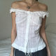 New French Style One-character Collar Lace Trim Two-way Short-sleeved T-shirt Women's Sweet Spicy Ear Trim Buckle Design Striped Top