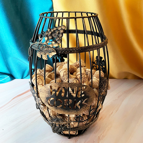 Red Wine Bottle Holder with Ironwork Storage Basket for Kitchen and Living Room, Antique Nordic Style Decorative Craft