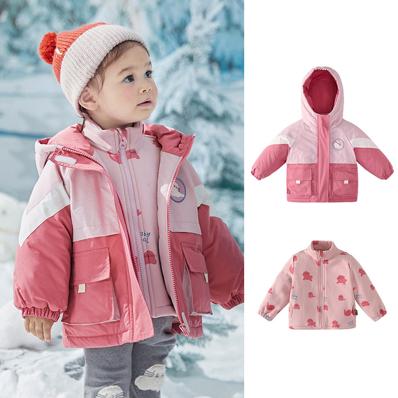 Tongbei 2025 Invierno Nuevo Conjunto de Dos Piezas Tres en Uno para Niños con Capucha, Traje de Esquí, Chaqueta Gruesa