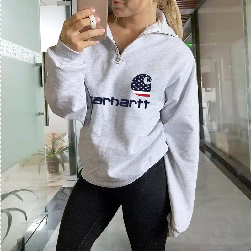 In-Stock Independent Brand Autumn and Winter Hot-Selling Carhartt Flag Stripe Sweatshirt with Zipper and Turn-Down Collar for Women