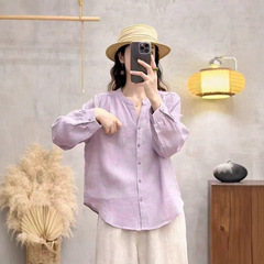 复古文艺纯亚麻V领长袖衬衫2025年秋季新款宽松单口袋简约女上衣