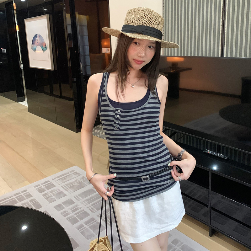 Striped Camisole for Women 2026 New Summer Style Unique and Super Stylish Slim-Fit Sleeveless Top Women's Faux Two-Piece Set Striped Camisole for Women 2026 New Summer Style Unique and Super Stylish Slim-Fit Sleeveless Top Women's Faux Two-Piece Set