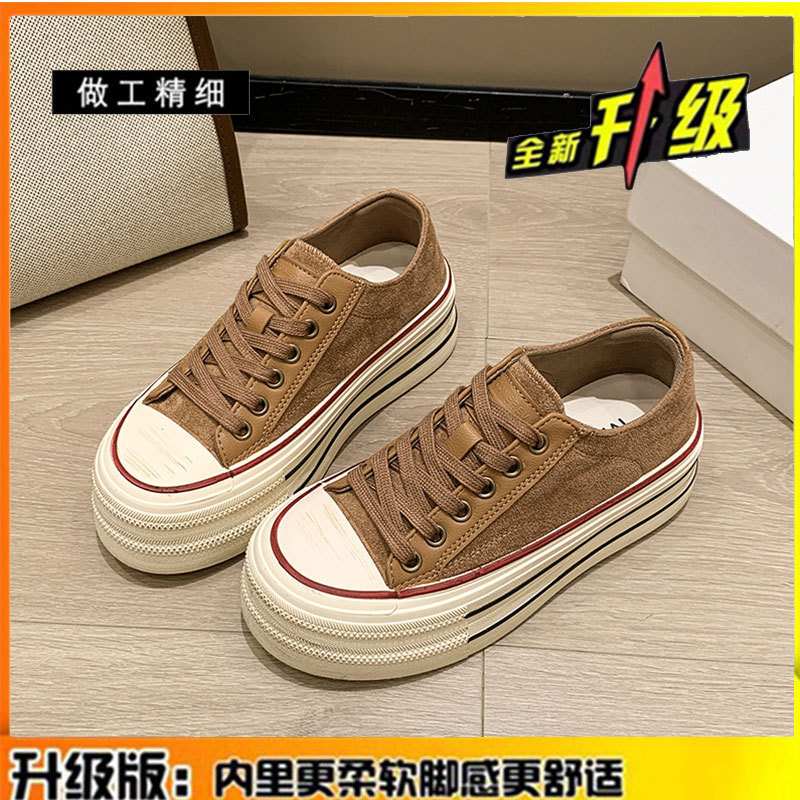 牛皮版~真皮厚底增高帆布鞋女款2025秋季新款百搭学院风休闲板鞋|undefined