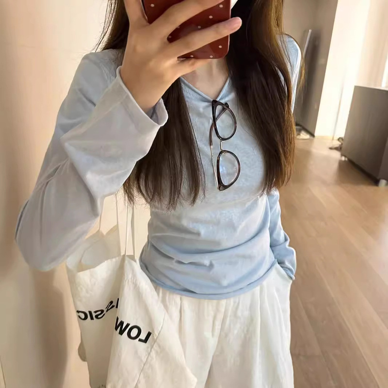 One-Piece Drop-Shipping Blue Rolled-Up Long-Sleeve T-Shirt for Women, Suitable for Spring, Autumn, and Winter, Sun-Protective Cover-Up, Korean-Style Thin Base Layer Top One-Piece Drop-Shipping Blue Rolled-Up Long-Sleeve T-Shirt for Women, Suitable for Spring, Autumn, and Winter, Sun-Protective Cover-Up, Korean-Style Thin Base Layer Top