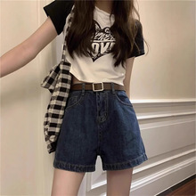 高腰牛仔短裤女小个子夏季新款水洗复古深蓝宽松百搭a字阔腿热裤