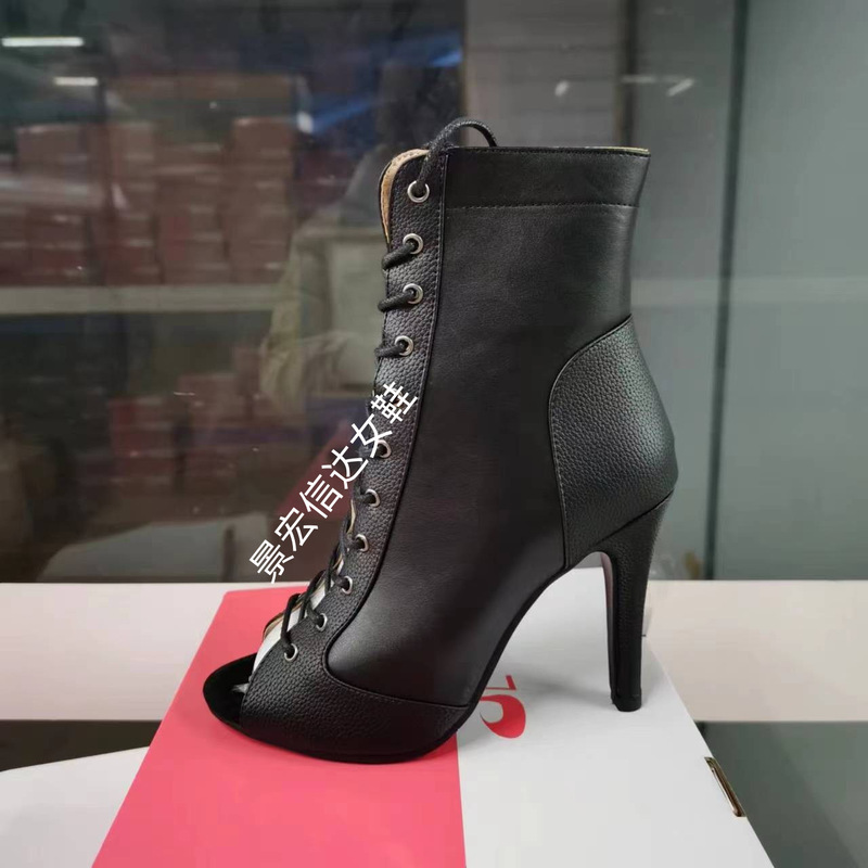 Jazz European and American lace-up peep toe sandals women's spring and summer hollow-out short boots stiletto high heel dancing sandals plus size