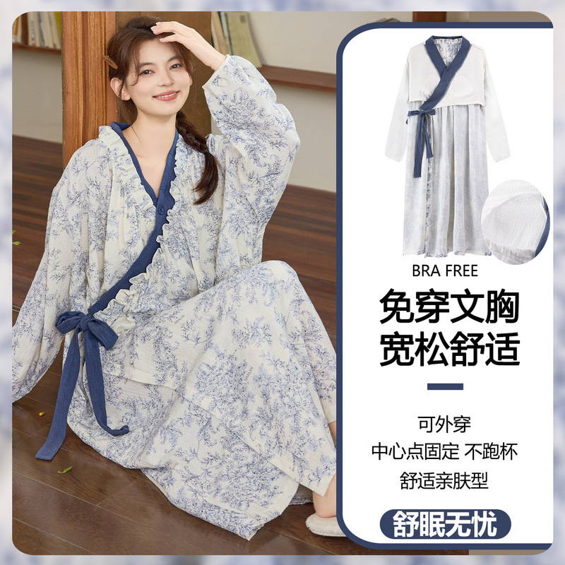 Women's Nightgown with Chest Pads, Spring and Autumn Long-Sleeved Pajamas, Lace-Up Japanese-Style Sweet Cloud Cotton Mid-Length Nightgown Bathrobe Women's Nightgown with Chest Pads, Spring and Autumn Long-Sleeved Pajamas, Lace-Up Japanese-Style Sweet Cloud Cotton Mid-Length Nightgown Bathrobe