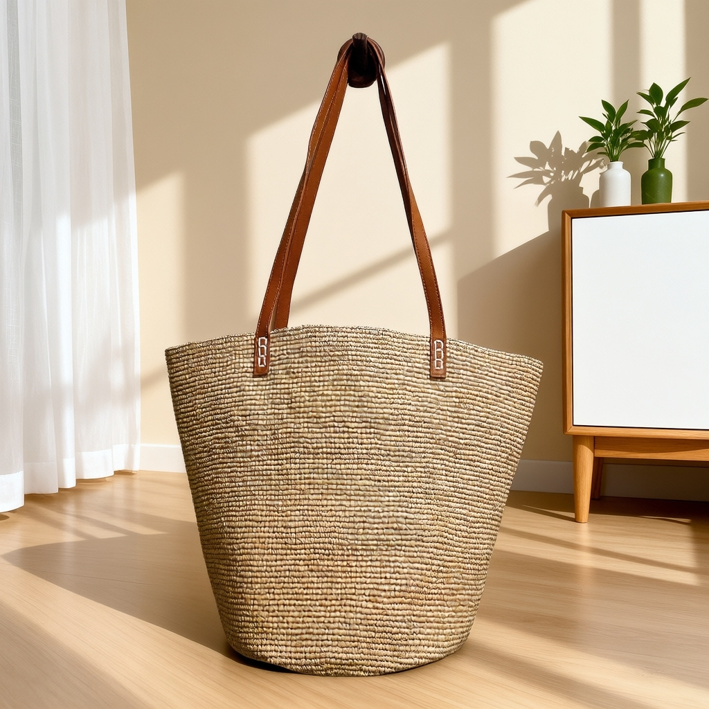한국식 라피트 대용량 토트 백 손 짠 버킷 백 해변 휴일 어깨 가방 밀짚 짠 핸드백