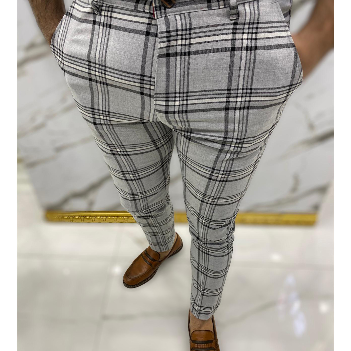 Herren Freizeithose Mit Karomuster Business Stoffhose Elastisch_voghion.com
