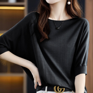 2024 New Summer Round Neck Knitwear Women's Short-Sleeved Women's Loose Lazy Style Bat Shirt Thin Western Style Mid-Sleeve Top