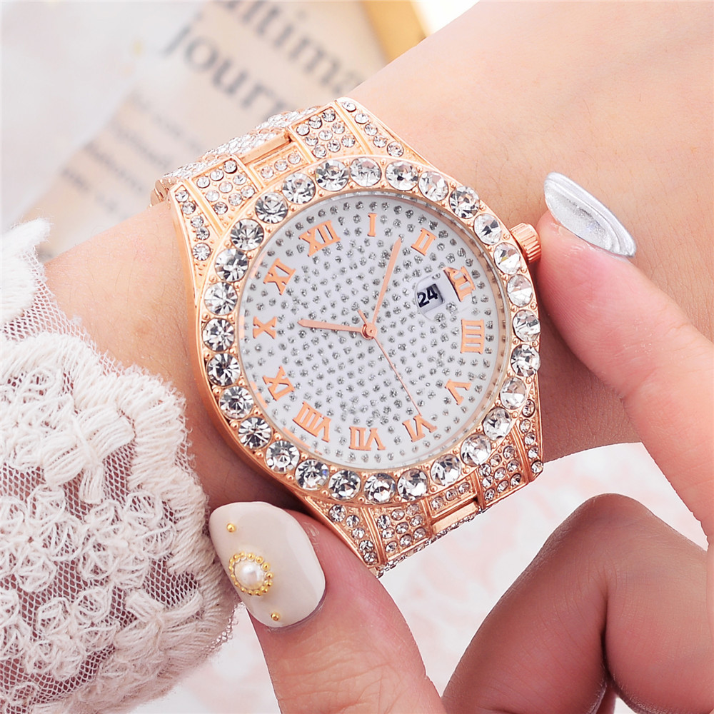 Correa de acero estrellada de hip hop reloj correa de acero para mujer estudiante femenina estilo coreano diamante incrustado gran dial reloj de cuarzo no mecánico