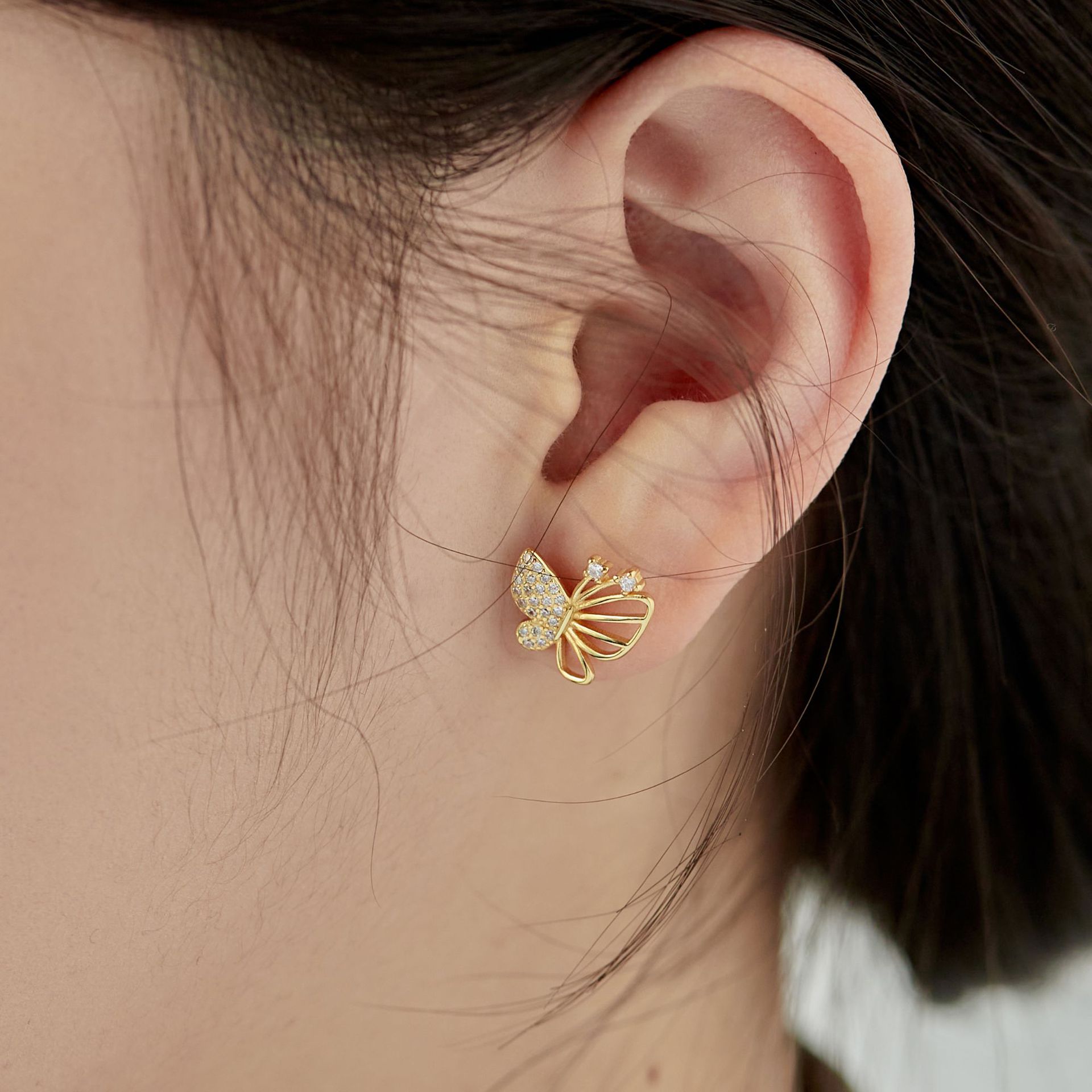 Fairy Style Butterfly Sterling Silver Plating Zircon Ear Studs 1 Pair