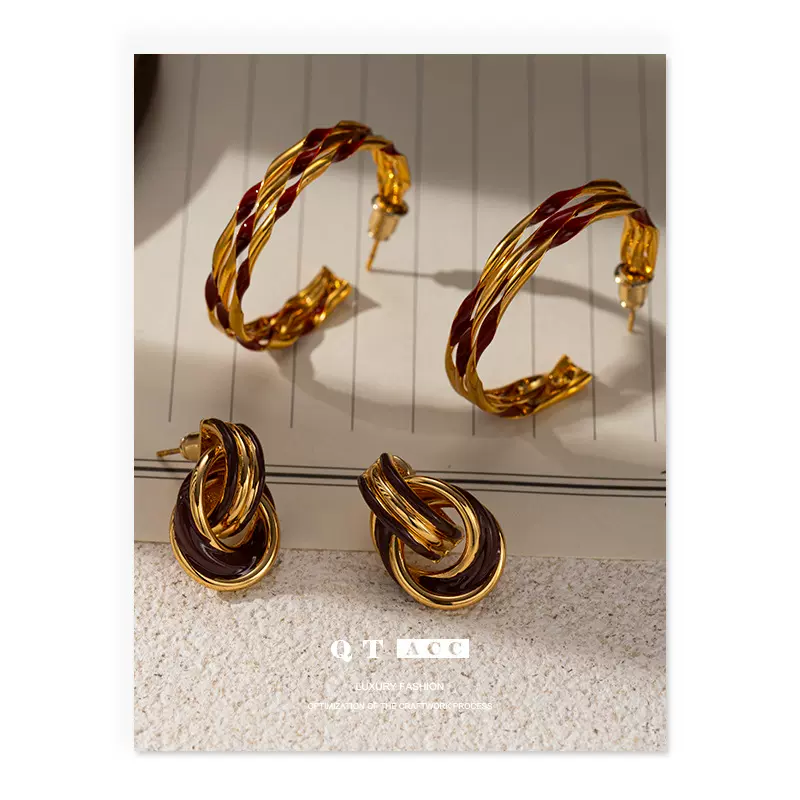 欧美时尚复古高级感酒红色耳钉手工滴油简约美拉德风秋冬新款耳饰