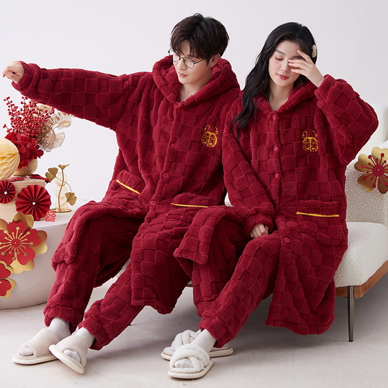 Pijama de casamiento de nuevo matrimonio conjunto de invierno pijama de lana de coral más lana gruesa ropa de hogar de franela
