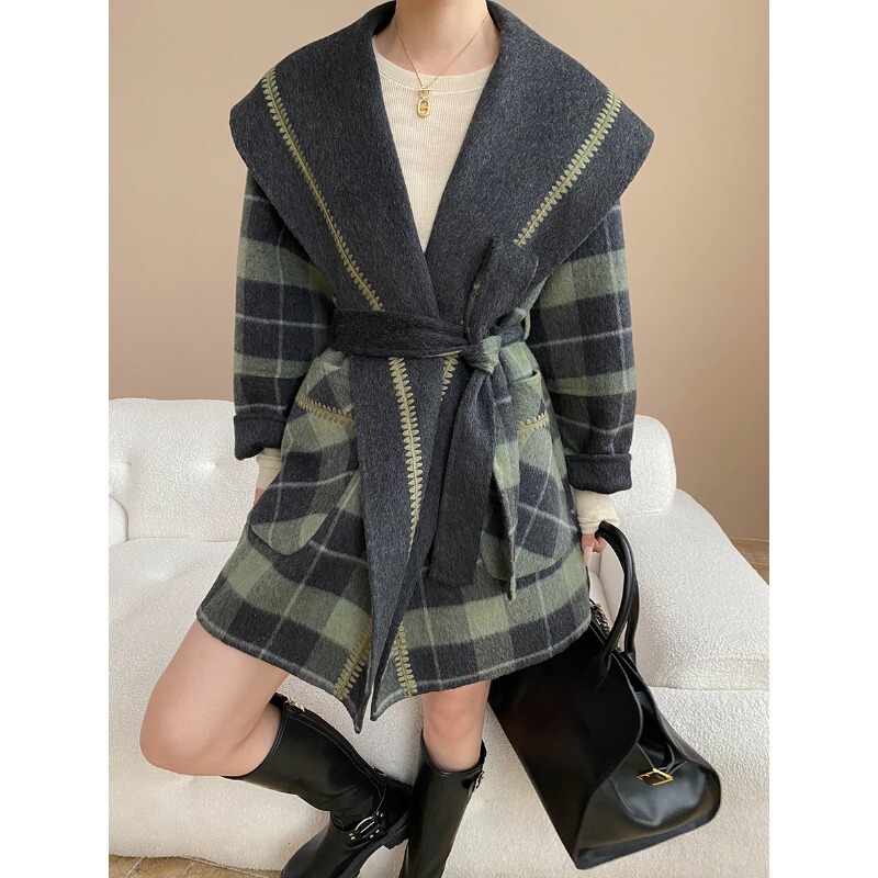 Sinan Bathrobe-Style Reversible Hand-Stitched Navy Collar Plaid Double-Sided Wool Coat Sn8046