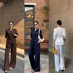 极简老钱风时尚套装时尚时髦衬衫长袖显瘦高腰系带休闲裤气质优雅
