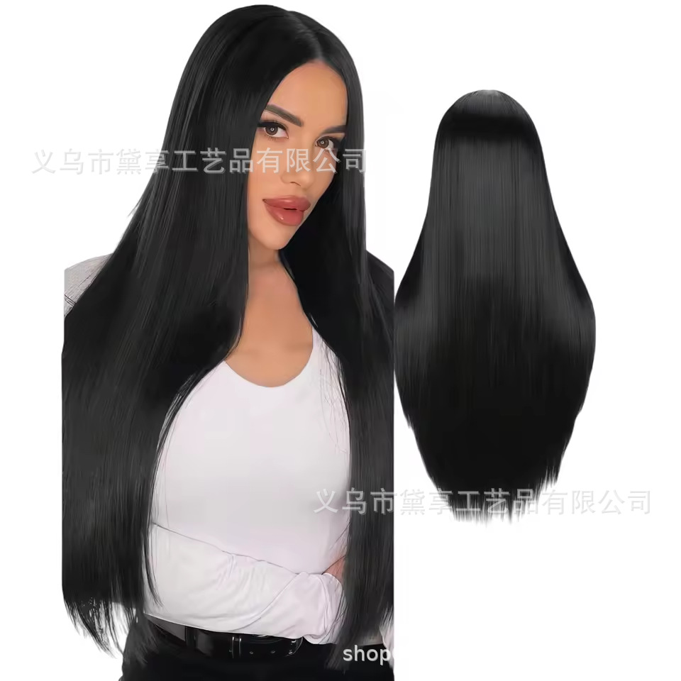 Cross-Border Best-Selling Black Long Straight Hair Wig with Middle Parting, Machine-Made Synthetic Fiber High-Temperature Silk Wig, Natural and Gentle
