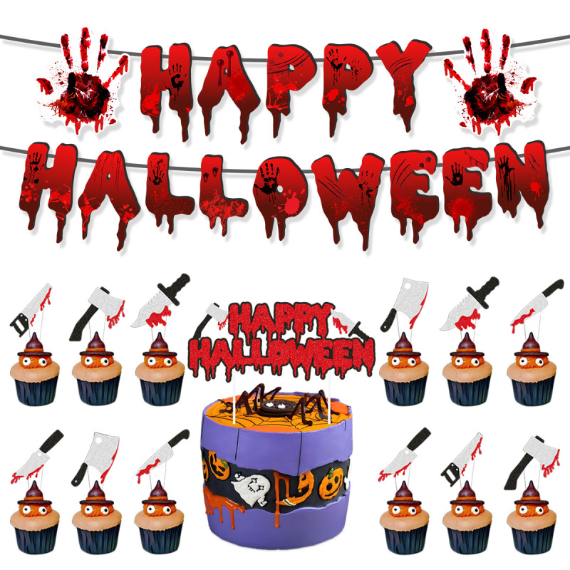 2025年アマゾンハロウィンデコレーション血まみれの旗ケーキインサートハニカムセット卸売カスタマイズ血手形|undefined