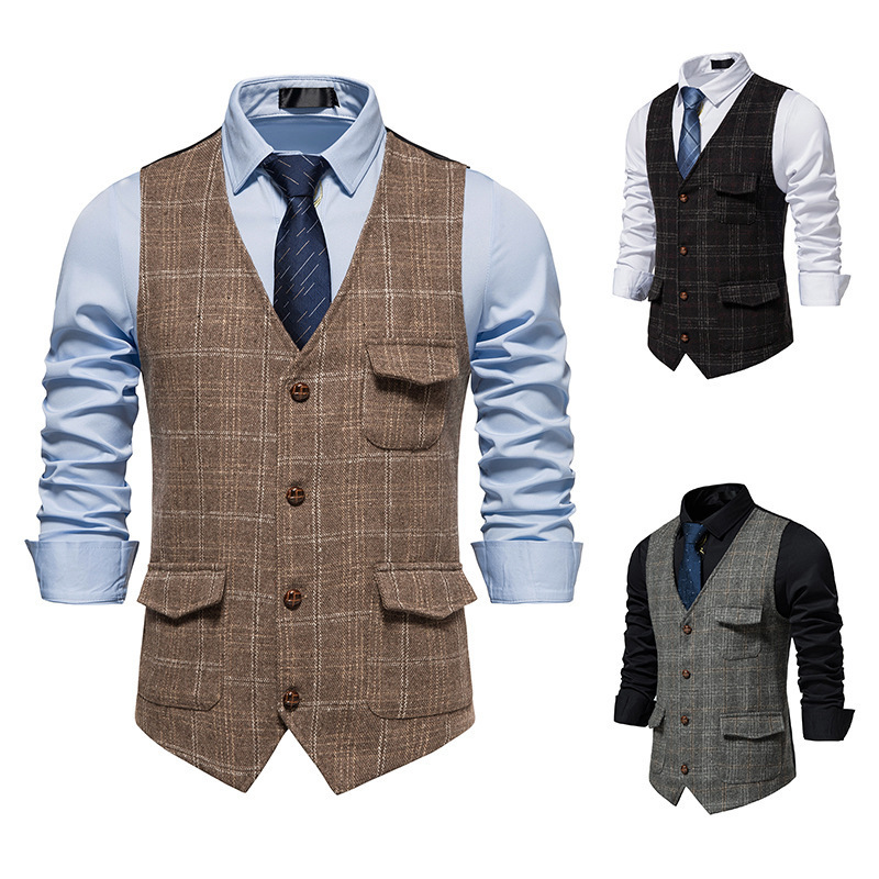 Amazon 2025 New Retro Men's Suit Vest Tweed Ami Khaki British Vest Men's Jacket Trendy