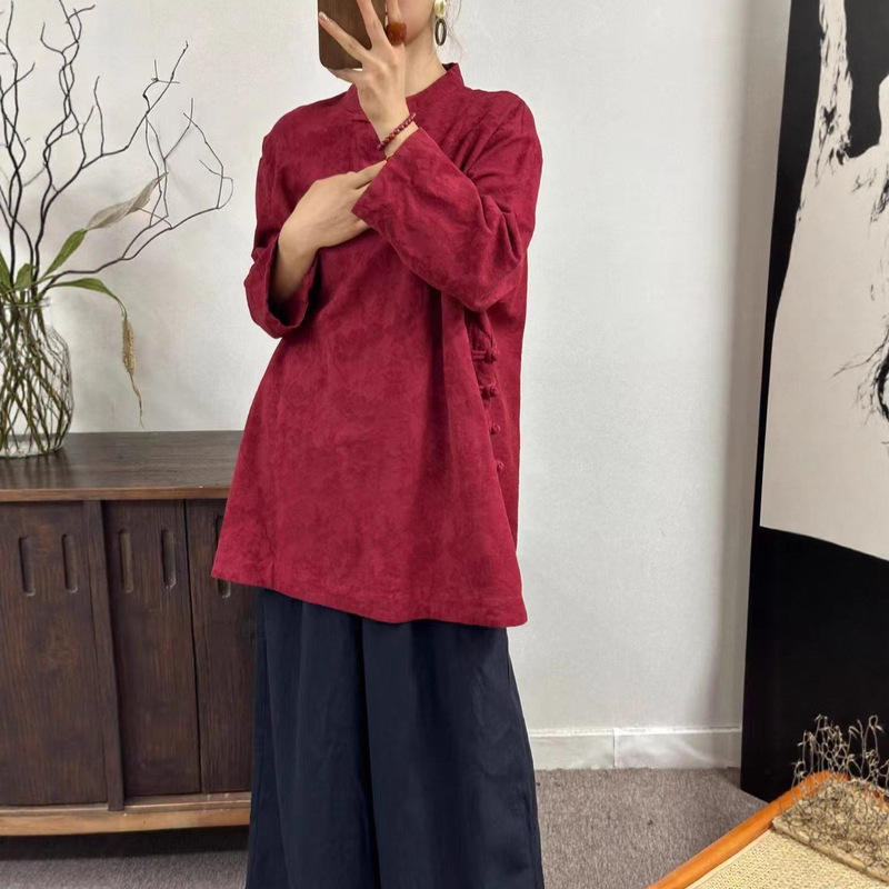 新品立领斜襟外穿宽松中式女衬衫盘扣茶服复古亚麻提花上衣|undefined