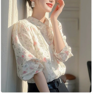 2025春新款白色印花衬衫女摩哥鱼元创超好看独特漂亮法式长袖上衣