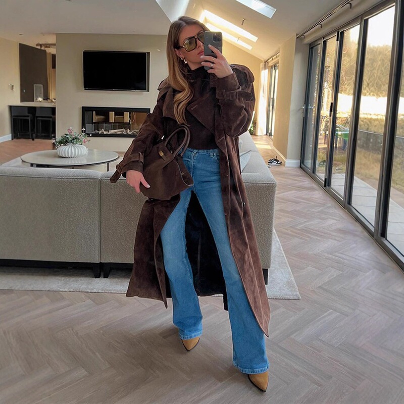 Cross-border women's fashion autumn and winter new dark brown suede lace-up long trench coat women's woolen coat