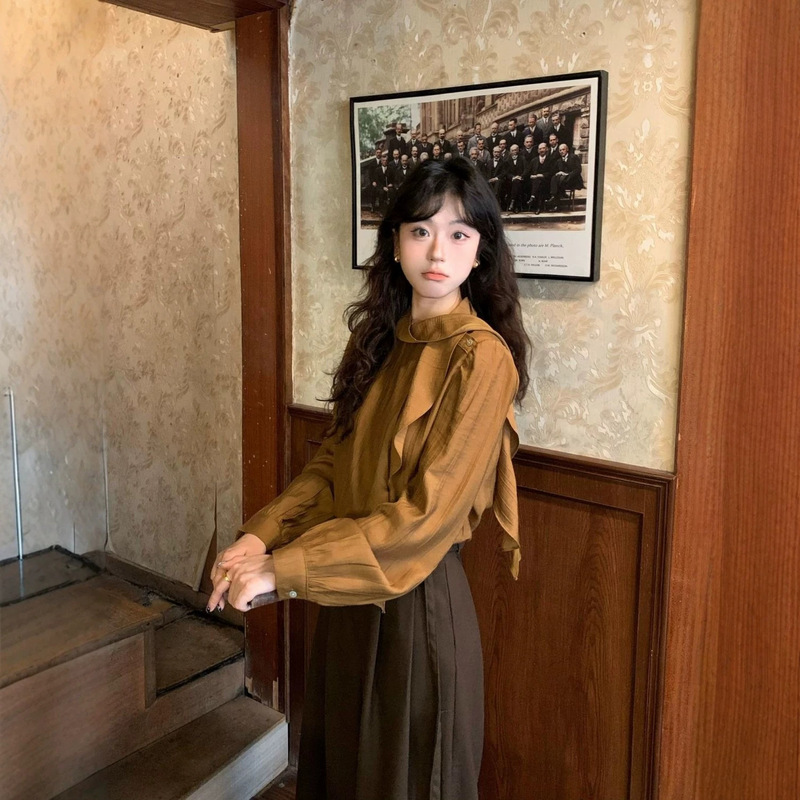 Vintage-style ruffled tassel Tencel shirt for women, spring and autumn, loose-fitting, textured, long-sleeved, versatile base top
