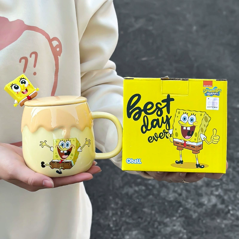 Керамическая чашка SpongeBob с крышкой, ложкой, домашняя детская кружка для воды милые девочки молочная чашка кофе