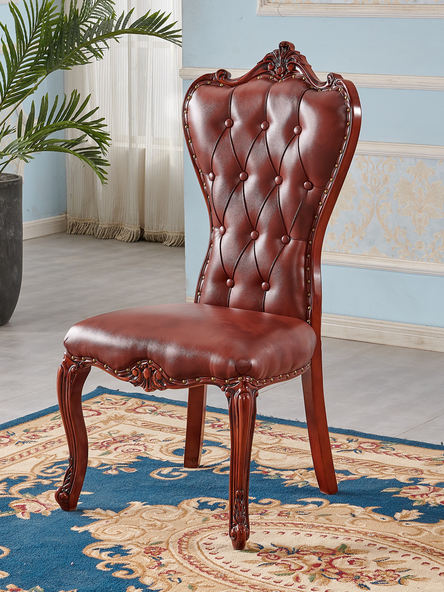 European-Style Dining Chair, Solid Wood, Upholstered, Suitable for Hotel Restaurants, Modern and Simple Home Use, Mahjong Chair, American Retro with Backrest