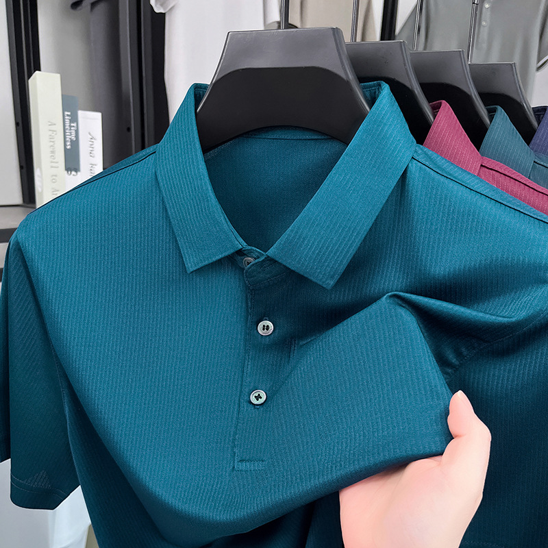 Áo polo nam tay ngắn lụa tơ tằm cao cấp phong cách công sở — Xanh đậm 15580